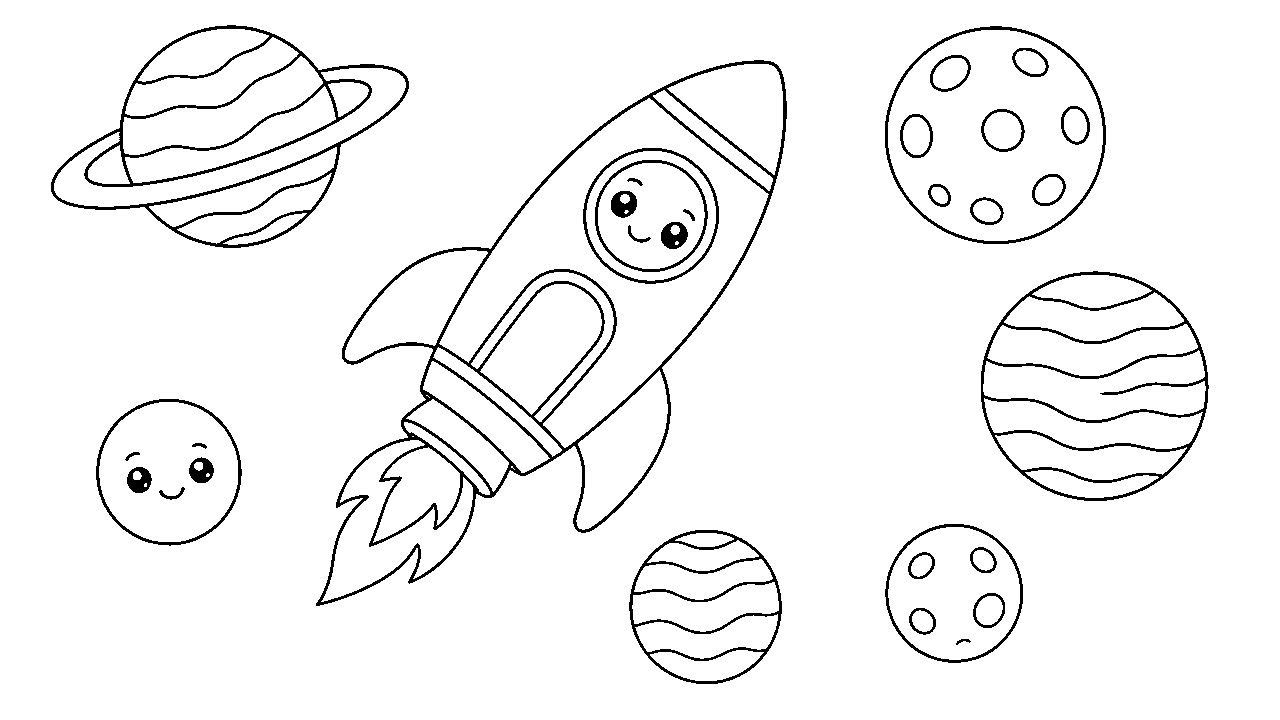Rocket And Planets Coloring Page