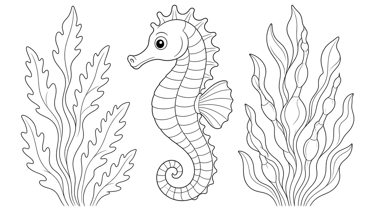 Seahorse with Seaweed Coloring Page