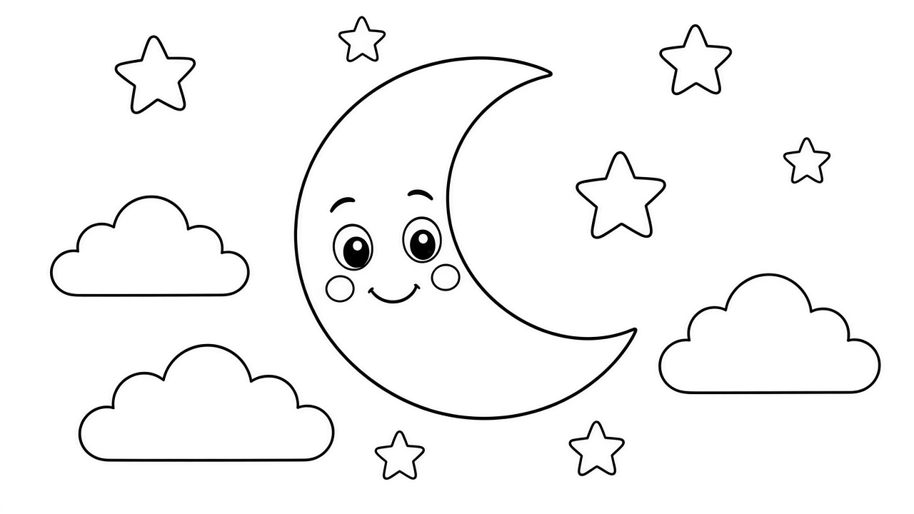 Smiling Crescent Moon Coloring Page