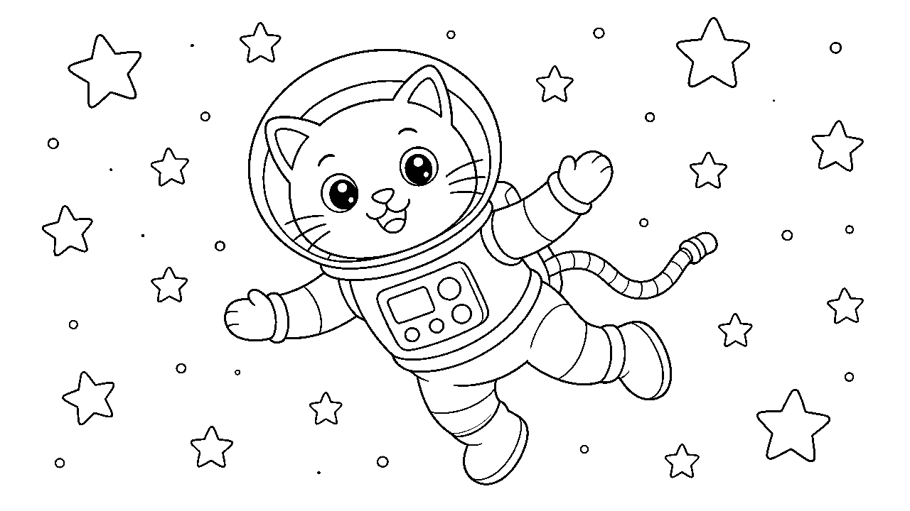 Space Cat Floating Coloring Page