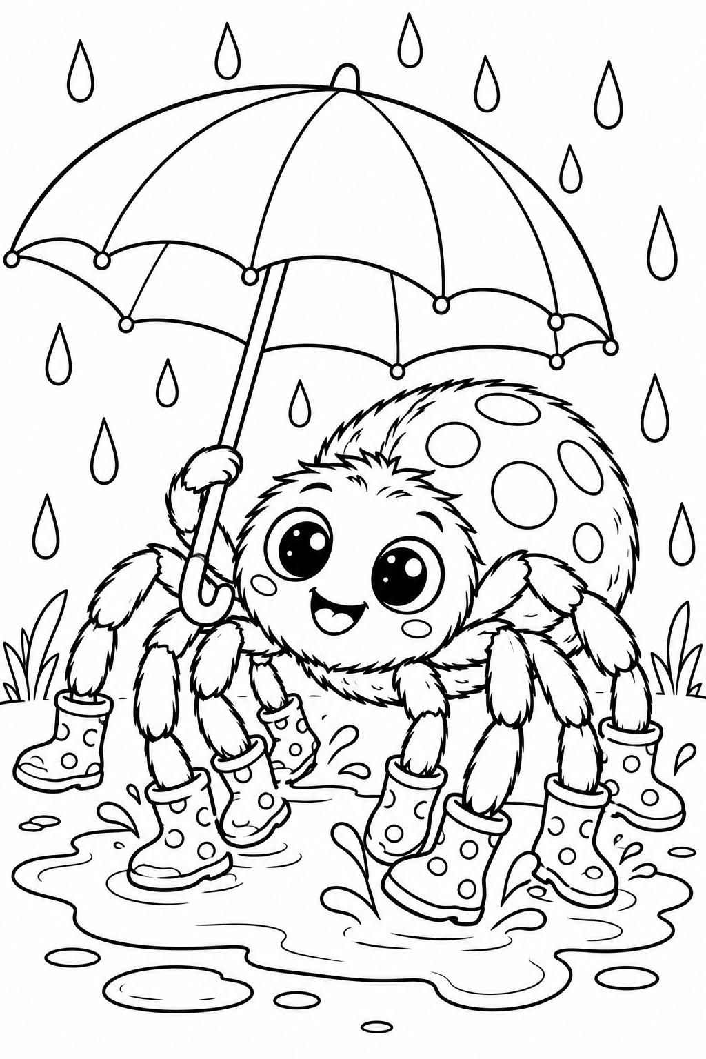 Spider with Umbrella and Rain Boots Coloring Page