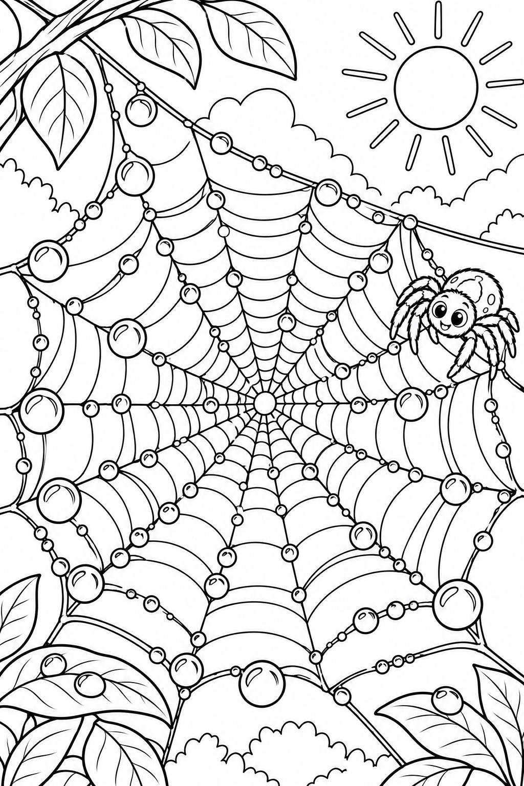 Spider Web with Dewdrops Coloring Page