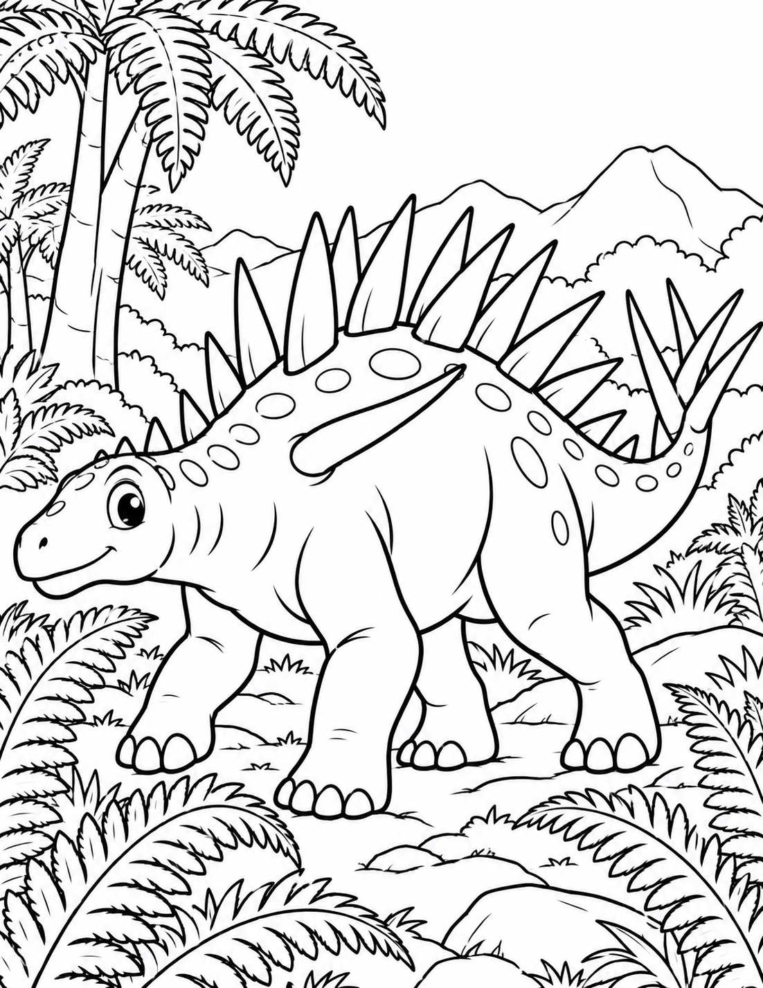 Spiky Dinosaur Walking Through Ferns Coloring Page