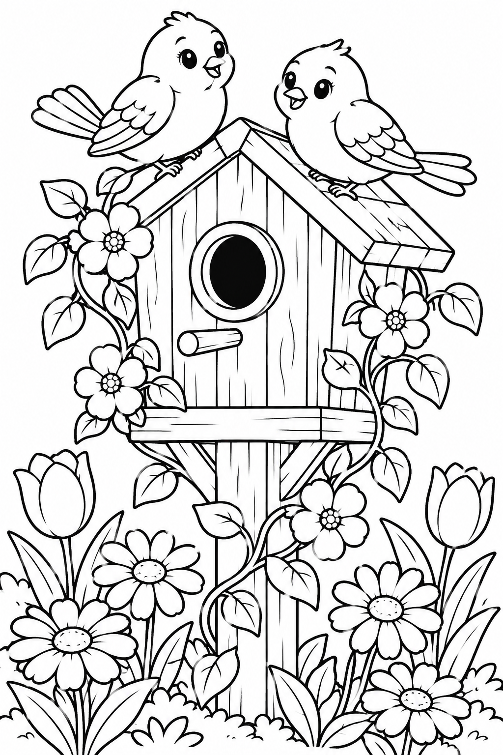 Spring Birdhouse with Flowers Coloring Page