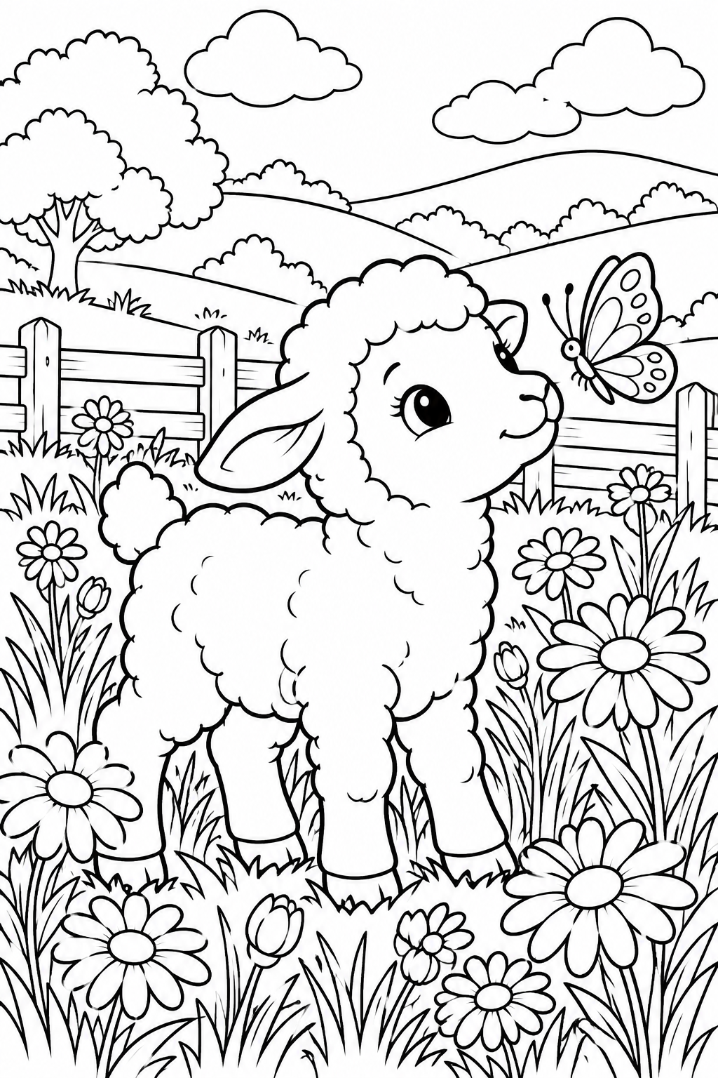 Spring Lamb in a Meadow Coloring Page