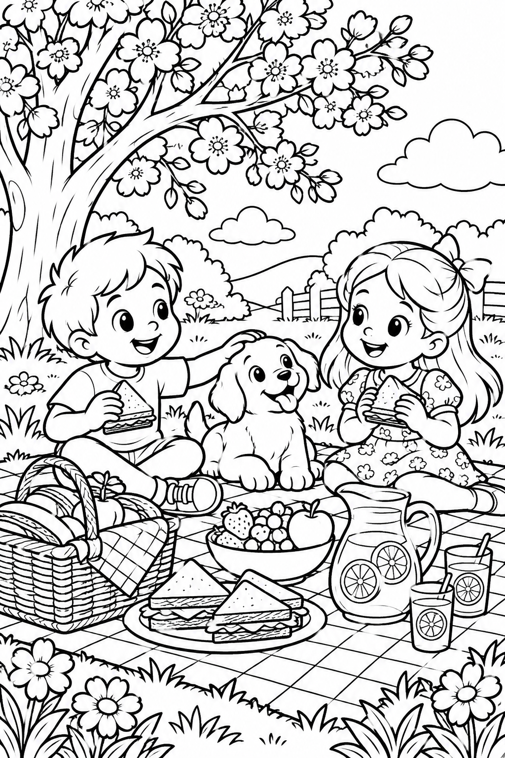 Spring Picnic in the Park Coloring Page