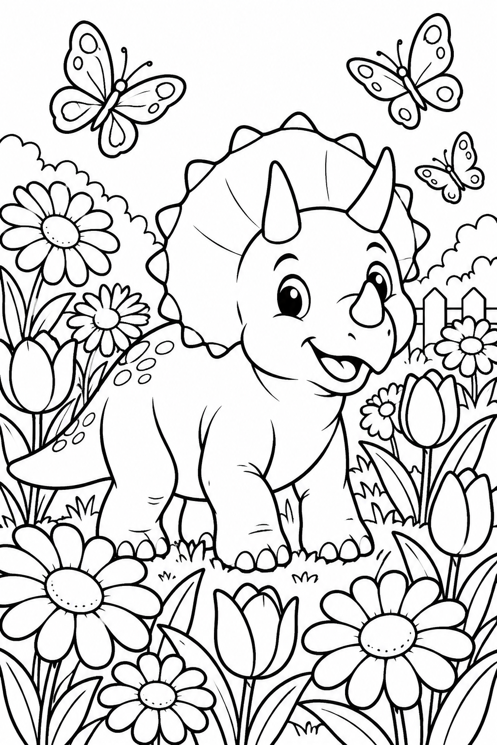 Triceratops in a Flower Garden Coloring Page