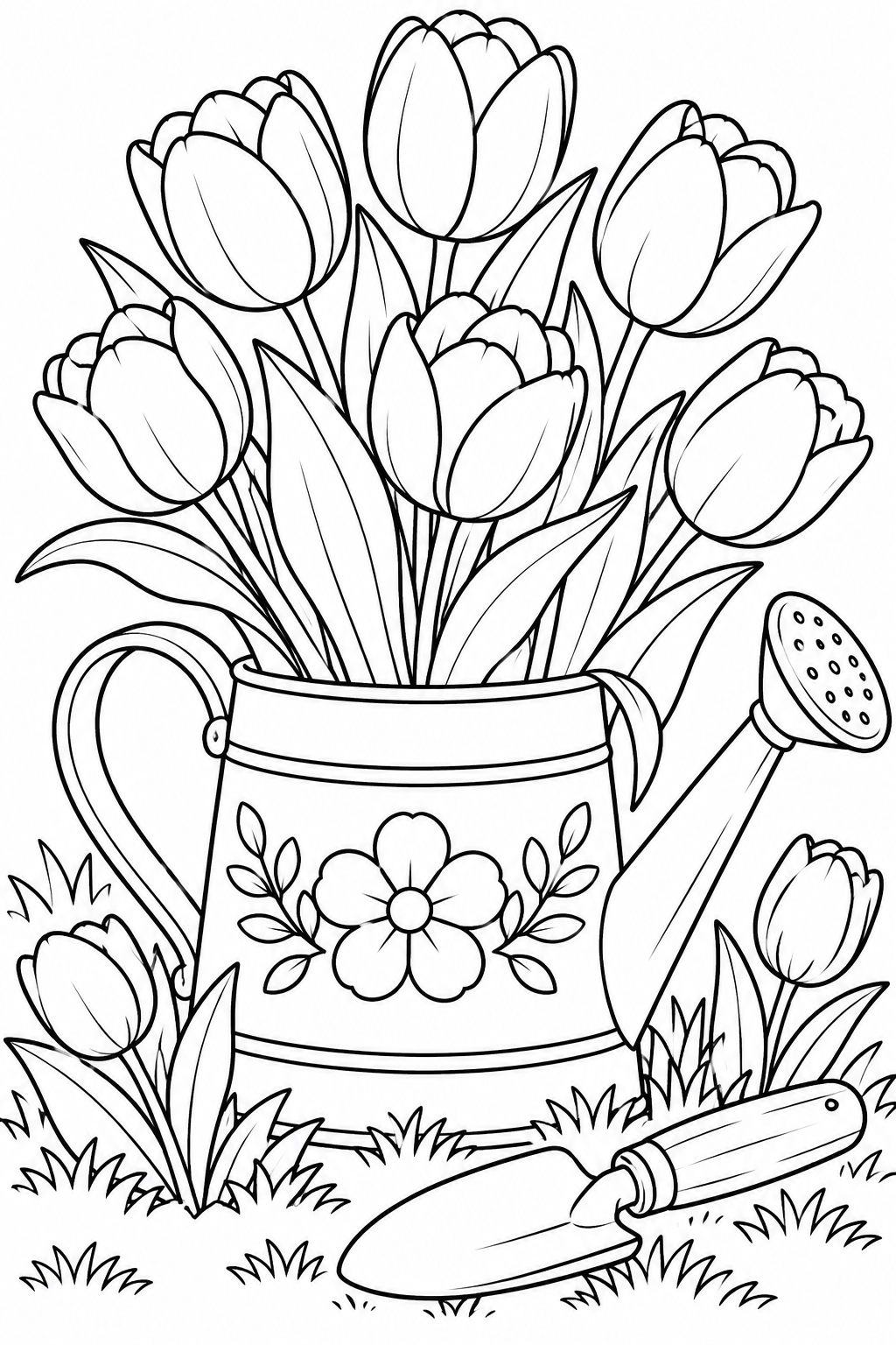 Tulips in a Watering Can Coloring Page
