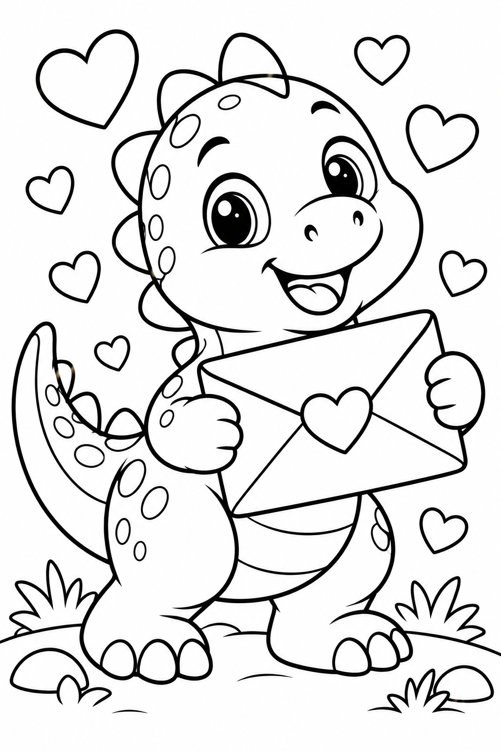 Valentine Dinosaur with a Love Letter Coloring Page