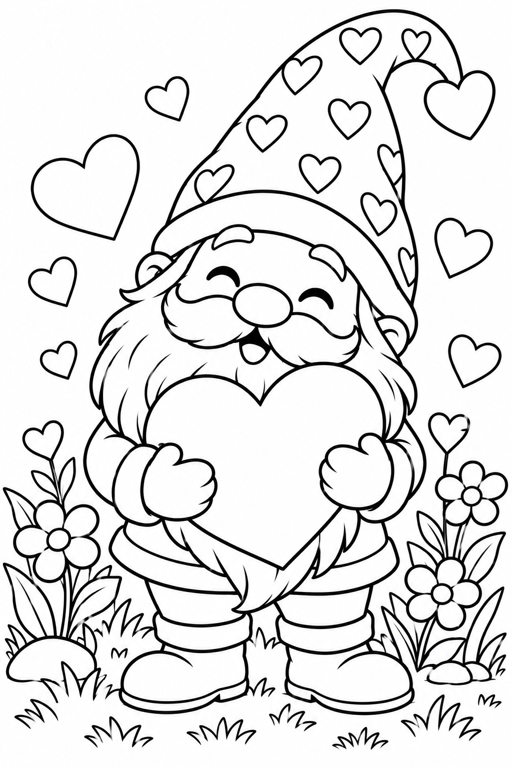 Valentine Gnome Holding a Heart Coloring Page