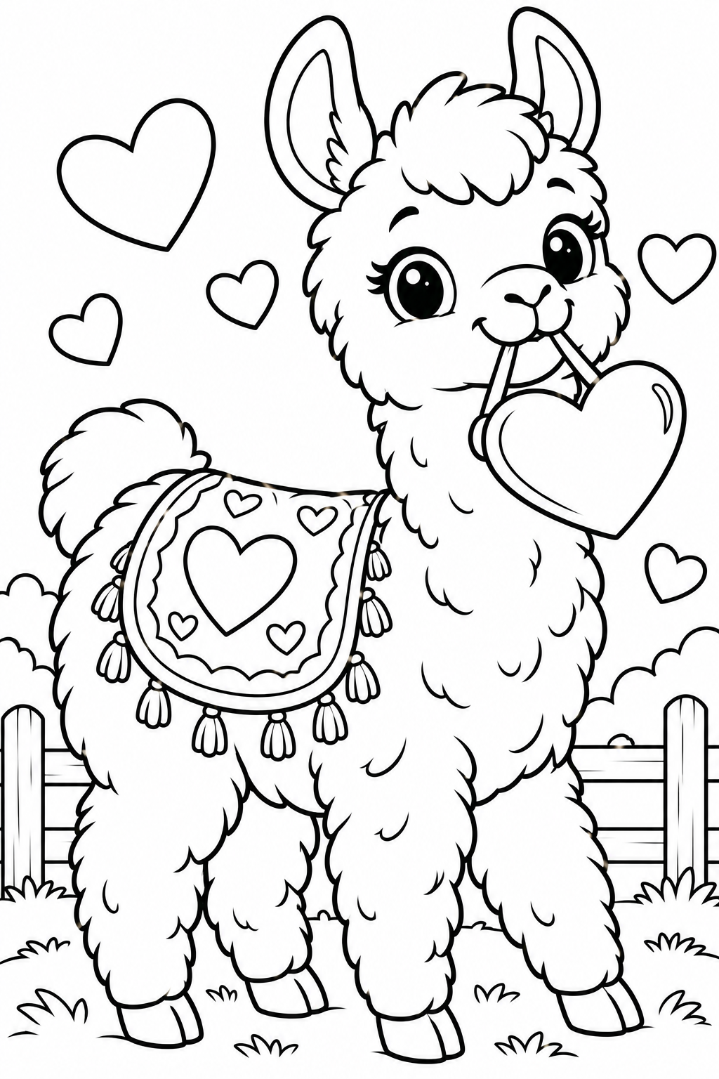 Valentine Llama with Hearts Coloring Page