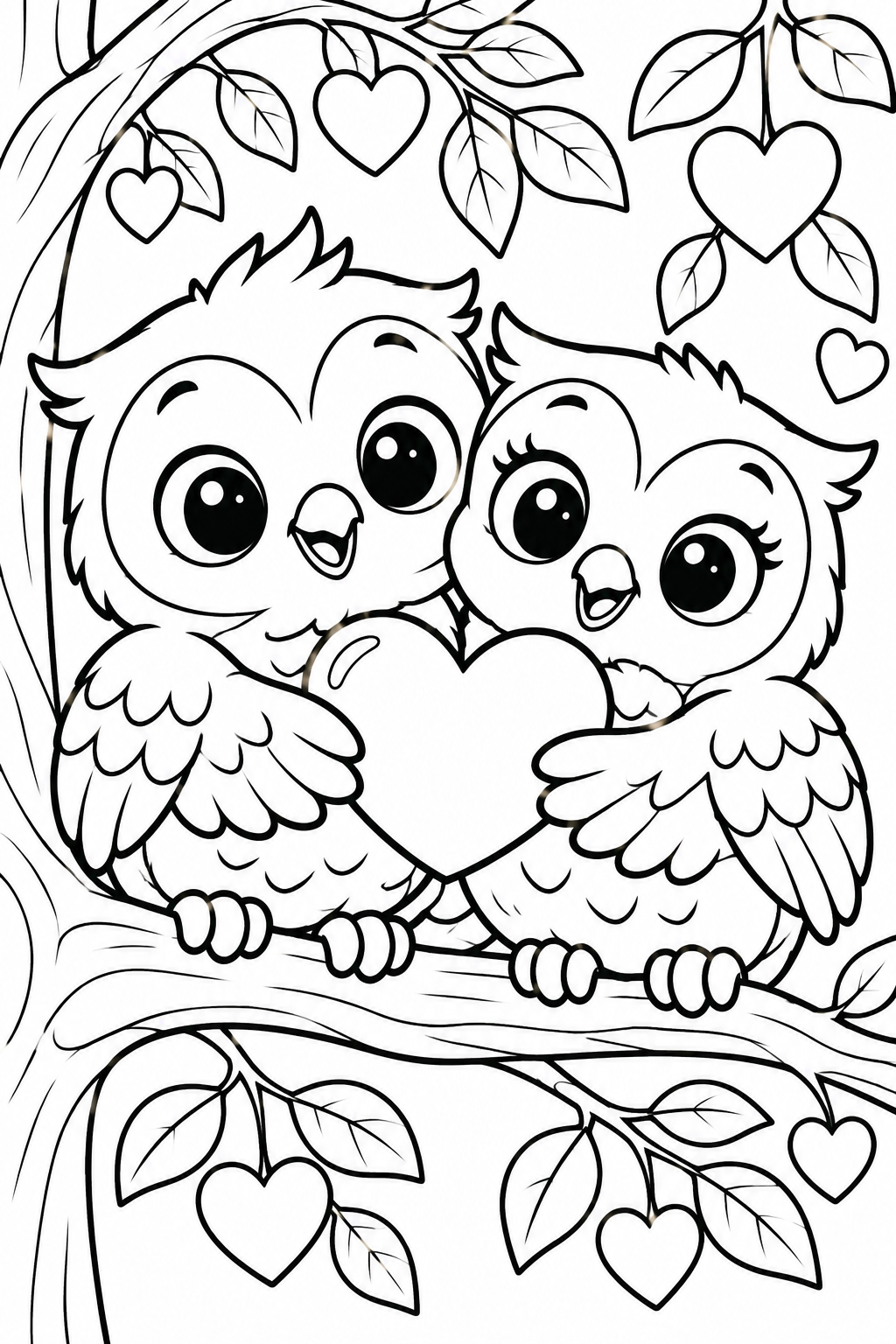 Valentine Owls in Love Coloring Page