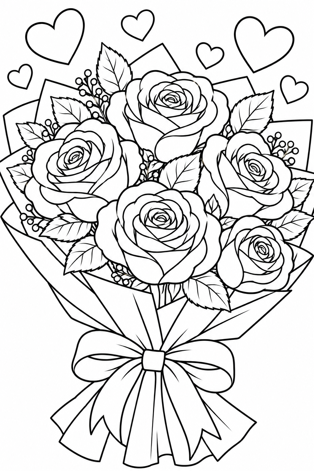Valentine Rose Bouquet with Hearts Coloring Page