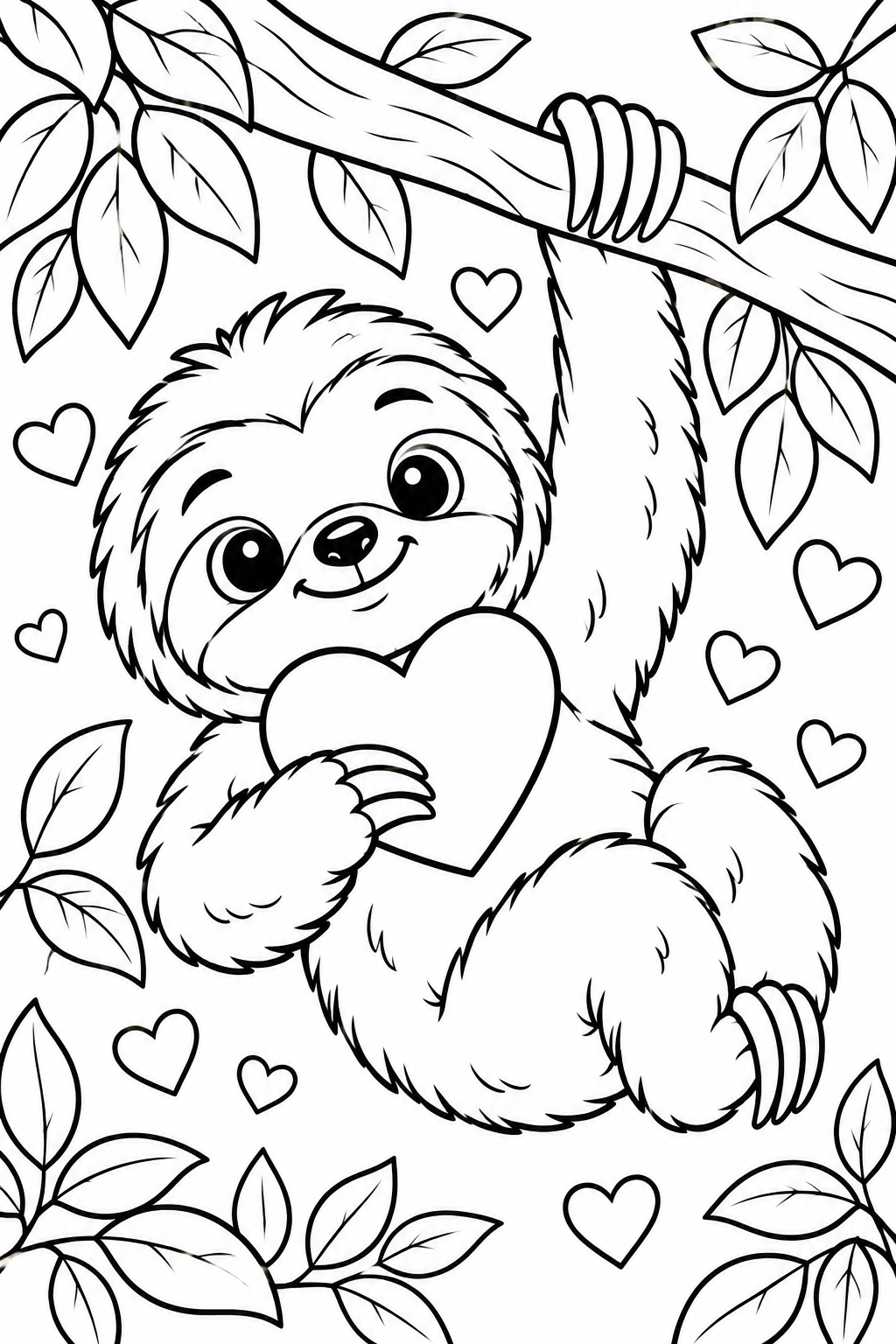 Valentine Sloth Hanging with a Heart Coloring Page