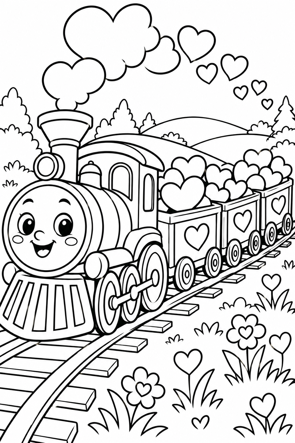 Valentine Train Carrying Hearts Coloring Page