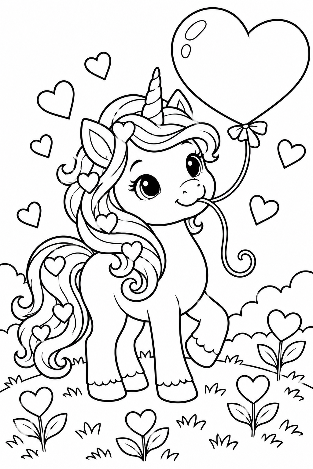 Valentine Unicorn with Hearts Coloring Page