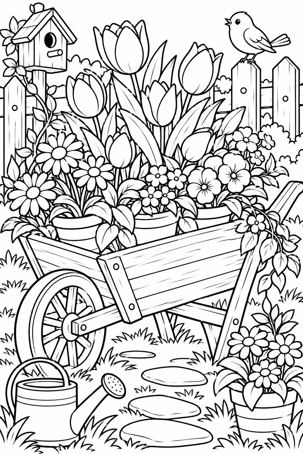 Wheelbarrow Full of Spring Flowers Coloring Page